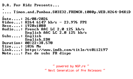 NFO for the release Timon.and.Pumbaa.S03E32.FRENCH.1080p.WEB.H264-D4KiD by D4KiD