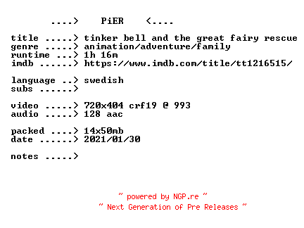 NFO for the release Tinker.Bell.and.the.Great.Fairy.Rescue.2010.iNTERNAL.SWEDiSH.BDRip.x264-PiER by PiER