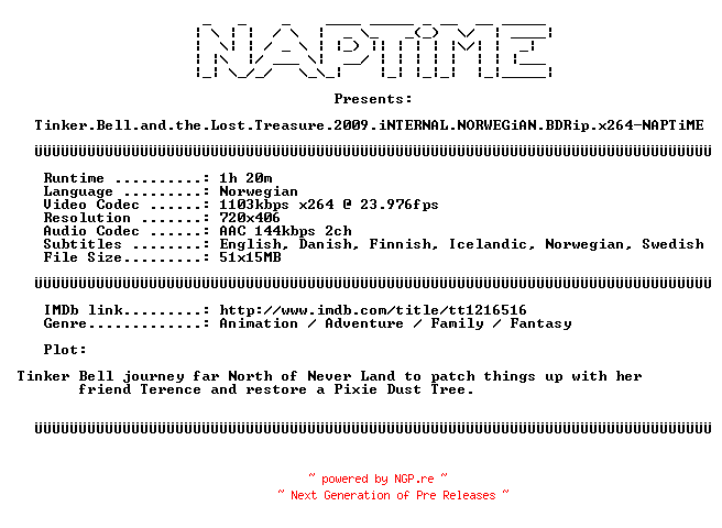 NFO for the release Tinker.Bell.and.the.Lost.Treasure.2009.iNTERNAL.NORWEGiAN.BDRip.x264-NAPTiME by NAPTiME