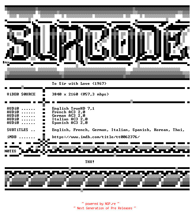 NFO for the release To.Sir.with.Love.1967.COMPLETE.UHD.BLURAY-SURCODE by SURCODE