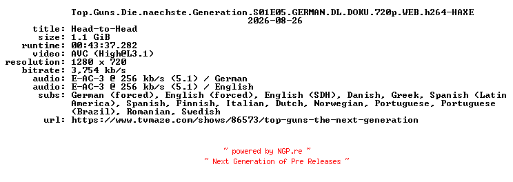 NFO for the release Top.Guns.Die.naechste.Generation.S01E05.GERMAN.DL.DOKU.720p.WEB.h264-HAXE by HAXE