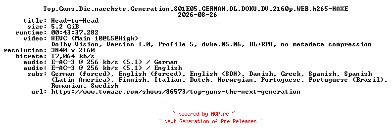 NFO for the release Top.Guns.Die.naechste.Generation.S01E05.GERMAN.DL.DOKU.DV.2160p.WEB.h265-HAXE by HAXE