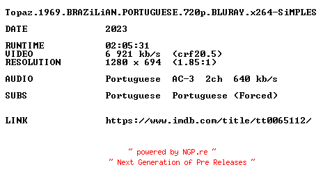 NFO for the release Topaz.1969.BRAZiLiAN.PORTUGUESE.720p.BLURAY.x264-SiMPLES by SiMPLES