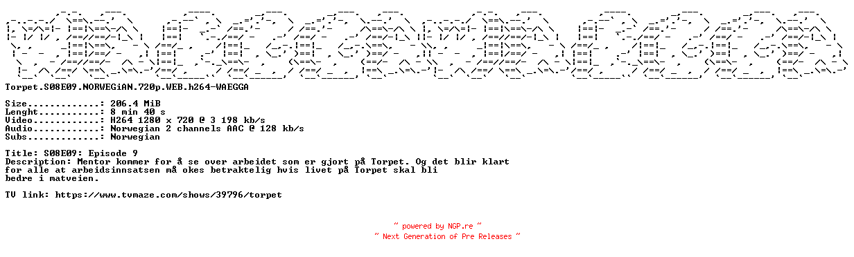 NFO for the release Torpet.S08E09.NORWEGiAN.720p.WEB.h264-WAEGGA by WAEGGA