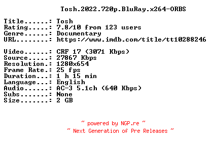 NFO for the release Tosh.2022.720p.BluRay.x264-ORBS by ORBS