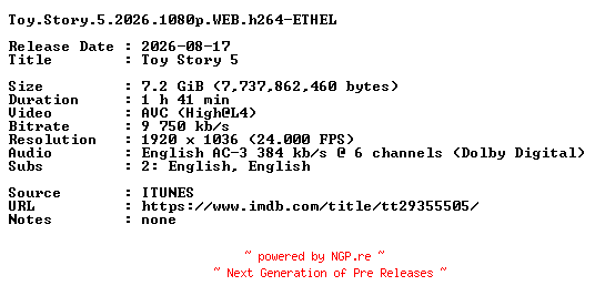 NFO for the release Toy.Story.5.2026.1080p.WEB.h264-ETHEL by ETHEL