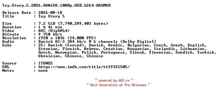 NFO for the release Toy.Story.5.2026.DANiSH.1080p.WEB.h264-DAGMAR by DAGMAR