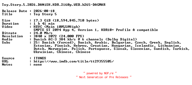 NFO for the release Toy.Story.5.2026.DANiSH.HDR.2160p.WEB.h265-DAGMAR by DAGMAR