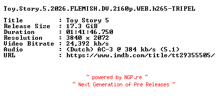 NFO for the release Toy.Story.5.2026.FLEMISH.DV.2160p.WEB.h265-TRIPEL by TRIPEL