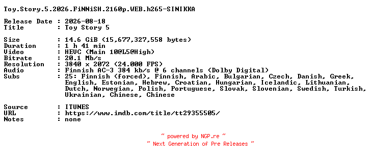NFO for the release Toy.Story.5.2026.FiNNiSH.2160p.WEB.h265-SINIKKA by SINIKKA