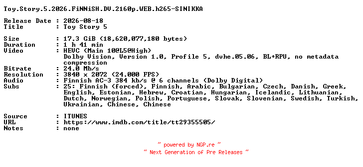 NFO for the release Toy.Story.5.2026.FiNNiSH.DV.2160p.WEB.h265-SINIKKA by SINIKKA