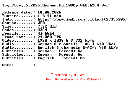 NFO for the release Toy.Story.5.2026.German.DL.1080p.WEB.h264-WvF by WvF