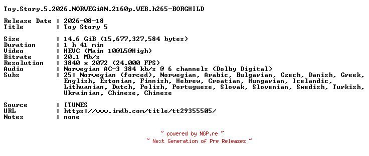 NFO for the release Toy.Story.5.2026.NORWEGiAN.2160p.WEB.h265-BORGHILD by BORGHILD