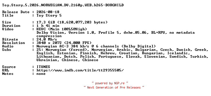 NFO for the release Toy.Story.5.2026.NORWEGiAN.DV.2160p.WEB.h265-BORGHILD by BORGHILD