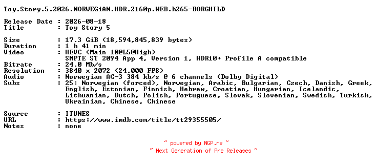 NFO for the release Toy.Story.5.2026.NORWEGiAN.HDR.2160p.WEB.h265-BORGHILD by BORGHILD
