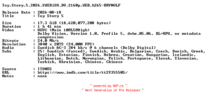 NFO for the release Toy.Story.5.2026.SWEDiSH.DV.2160p.WEB.h265-BRYNOLF by BRYNOLF