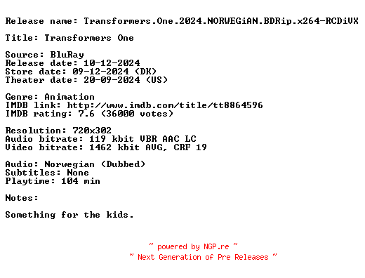 NFO for the release Transformers.One.2024.NORWEGiAN.BDRip.x264-RCDiVX by RCDiVX