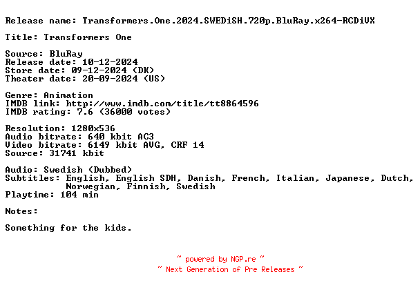NFO for the release Transformers.One.2024.SWEDiSH.720p.BluRay.x264-RCDiVX by RCDiVX