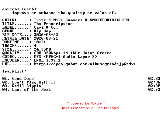 NFO for the release Trizz_X_Mike_Summers_X_SMOKEDOUTVILLAIN-The_Prescription-EP-WEB-2026-ENRiCH by ENRiCH