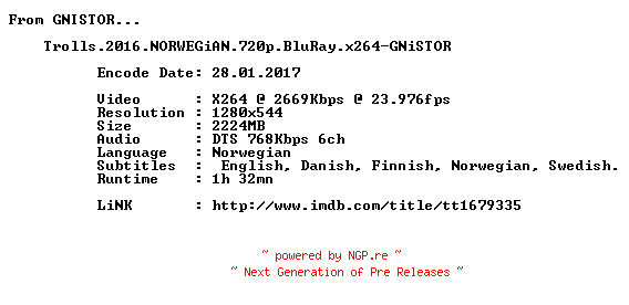 NFO for the release Trolls.2016.NORWEGiAN.720p.BluRay.x264-GNiSTOR by GNiSTOR