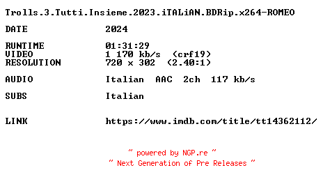 NFO for the release Trolls.3.Tutti.Insieme.2023.iTALiAN.BDRip.x264-ROMEO by ROMEO