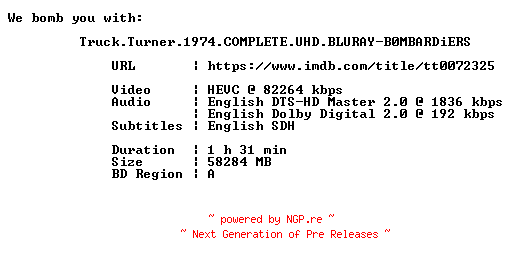 NFO for the release Truck.Turner.1974.COMPLETE.UHD.BLURAY-B0MBARDiERS by B0MBARDiERS