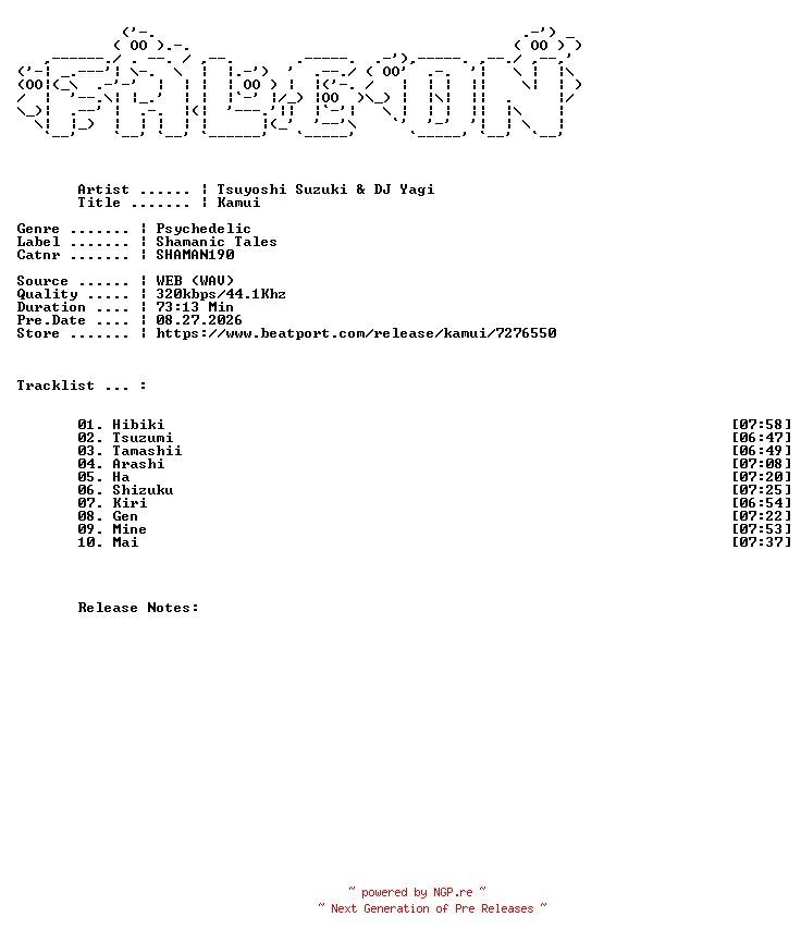 NFO for the release Tsuyoshi_Suzuki_And_DJ_YAGI-Kamui-(SHAMAN190)-WEB-2026-FALCON by FALCON