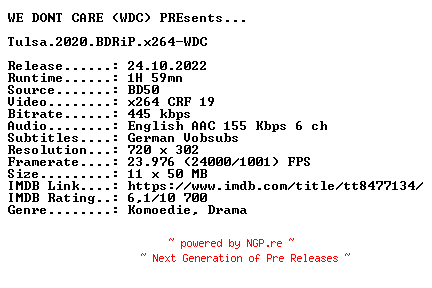 NFO for the release Tulsa.2020.BDRiP.x264-WDC by WDC