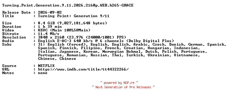 NFO for the release Turning.Point.Generation.9.11.2026.2160p.WEB.h265-GRACE by GRACE