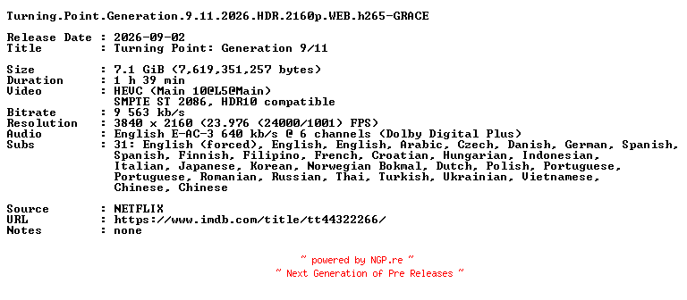 NFO for the release Turning.Point.Generation.9.11.2026.HDR.2160p.WEB.h265-GRACE by GRACE