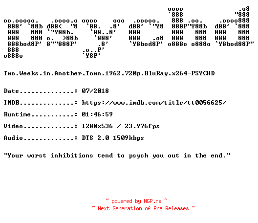 NFO for the release Two.Weeks.in.Another.Town.1962.720p.BluRay.x264-PSYCHD by PSYCHD