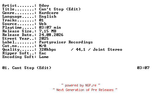 NFO for the release Udow-Cant_Stop_(Edit)-SINGLE-WEB-2025-XTC_iNT by XTC_iNT