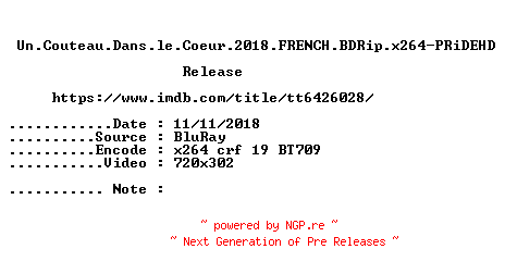 NFO for the release Un.Couteau.Dans.le.Coeur.2018.FRENCH.BDRip.x264-PRiDEHD by PRiDEHD