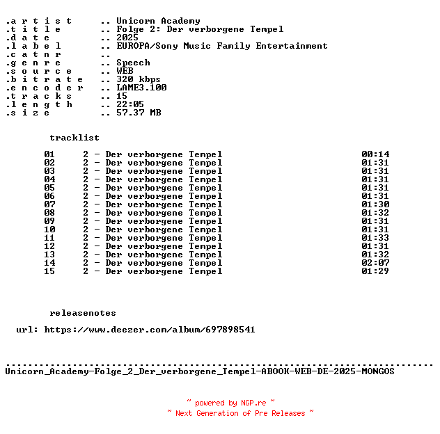 NFO for the release Unicorn_Academy-Folge_02_Der_verborgene_Tempel-ABOOK-WEB-DE-2025-MONGOS by MONGOS