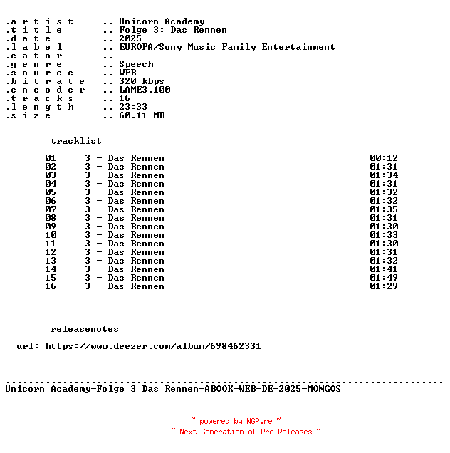 NFO for the release Unicorn_Academy-Folge_03_Das_Rennen-ABOOK-WEB-DE-2025-MONGOS by MONGOS