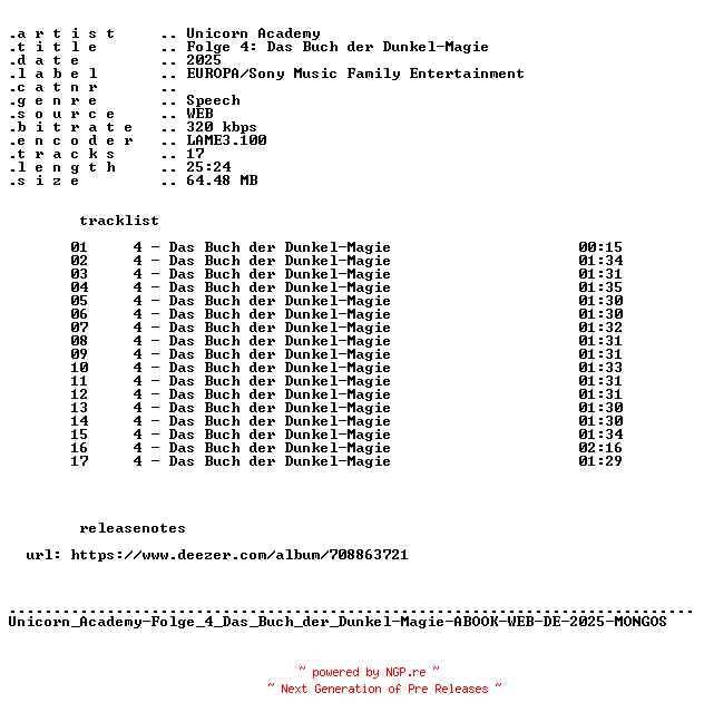 NFO for the release Unicorn_Academy-Folge_04_Das_Buch_der_Dunkel-Magie-ABOOK-WEB-DE-2025-MONGOS by MONGOS