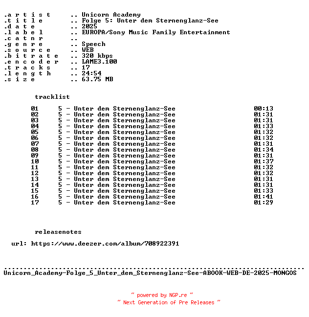 NFO for the release Unicorn_Academy-Folge_05_Unter_dem_Sternenglanz-See-ABOOK-WEB-DE-2025-MONGOS by MONGOS