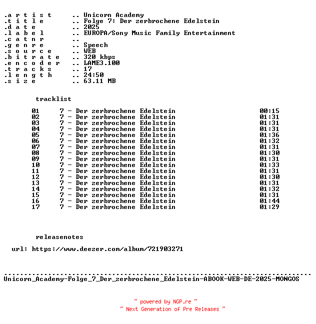 NFO for the release Unicorn_Academy-Folge_07_Der_zerbrochene_Edelstein-ABOOK-WEB-DE-2025-MONGOS by MONGOS