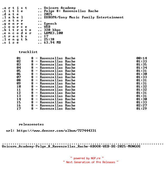 NFO for the release Unicorn_Academy-Folge_08_Ravenzellas_Rache-ABOOK-WEB-DE-2025-MONGOS by MONGOS
