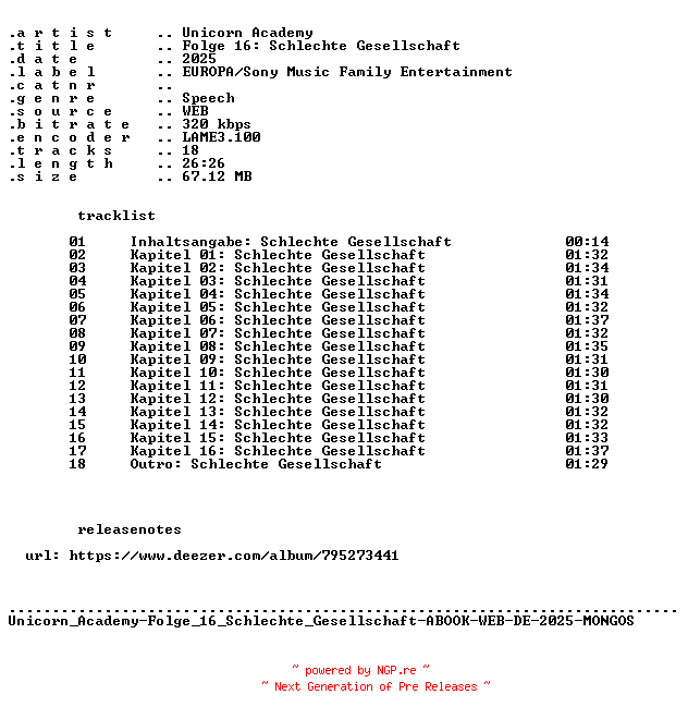 NFO for the release Unicorn_Academy-Folge_16_Schlechte_Gesellschaft-ABOOK-WEB-DE-2025-MONGOS by MONGOS