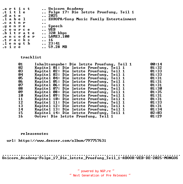 NFO for the release Unicorn_Academy-Folge_17_Die_letzte_Pruefung_Teil_1-ABOOK-WEB-DE-2025-MONGOS by MONGOS