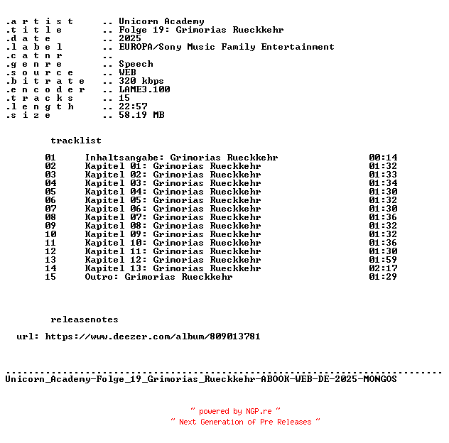 NFO for the release Unicorn_Academy-Folge_19_Grimorias_Rueckkehr-ABOOK-WEB-DE-2025-MONGOS by MONGOS
