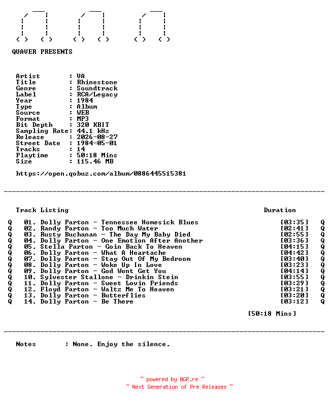 NFO for the release VA-Rhinestone-OST-WEB-1984-QUAVER by QUAVER