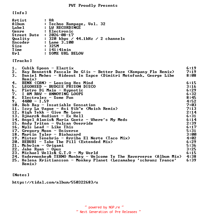 NFO for the release VA-Techno_Rampage_Vol._32-WEB-2026-PWT by PWT