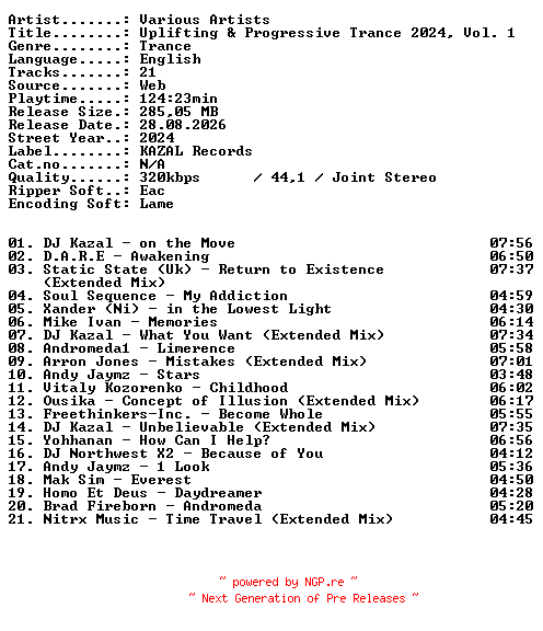 NFO for the release VA-Uplifting_and_Progressive_Trance_2024_Vol_1-WEB-2024-XTC_iNT by XTC_iNT