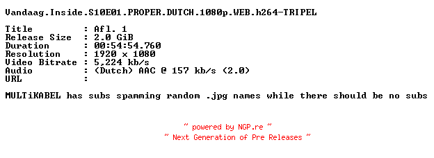 NFO for the release Vandaag.Inside.S10E01.PROPER.DUTCH.1080p.WEB.h264-TRIPEL by TRIPEL