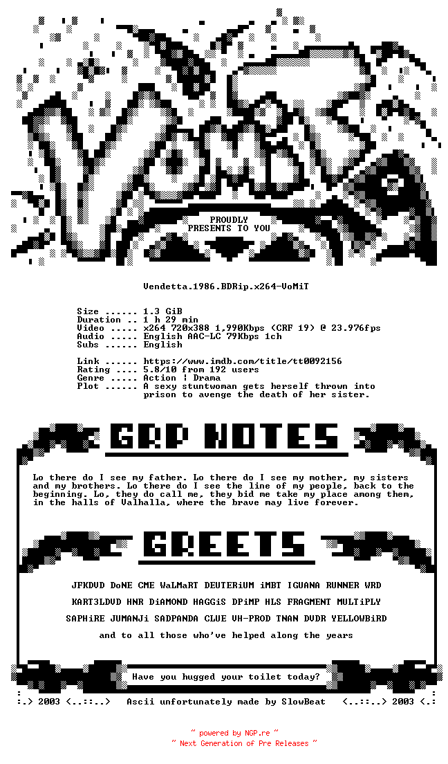 NFO for the release Vendetta.1986.BDRip.x264-VoMiT by VoMiT