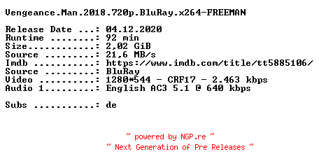 NFO for the release Vengeance.Man.2018.720p.BluRay.x264-FREEMAN by FREEMAN