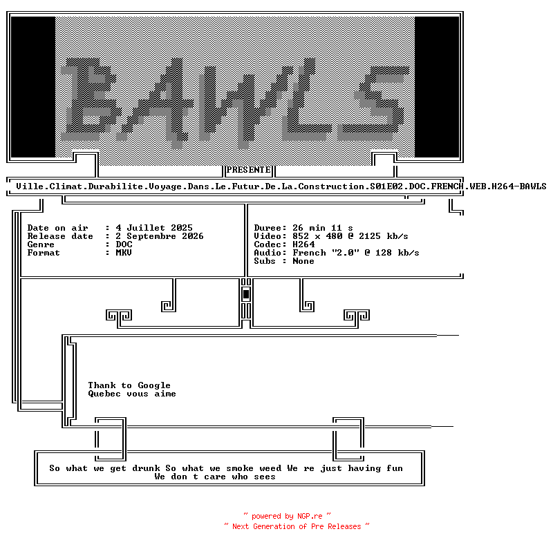 NFO for the release Ville.Climat.Durabilite.Voyage.Dans.Le.Futur.De.La.Construction.S01E02.DOC.FRENCH.WEB.H264-BAWLS by BAWLS