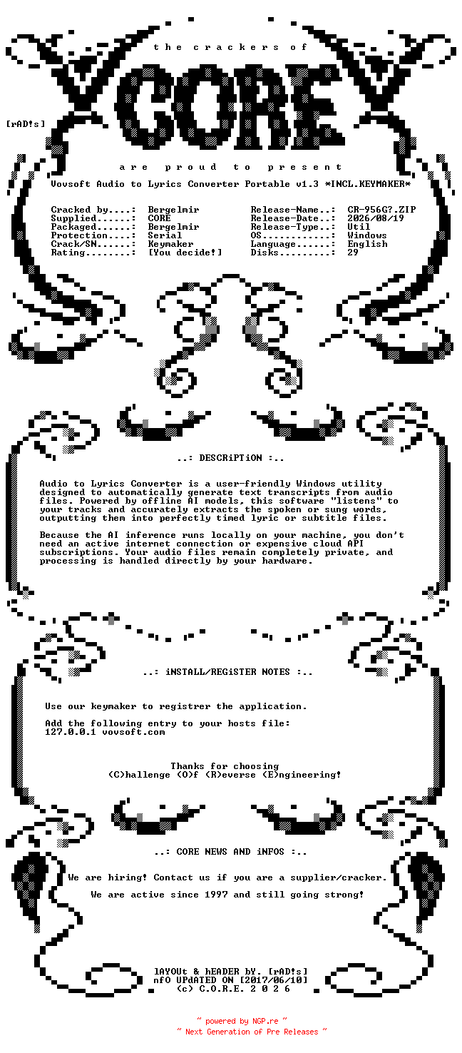 NFO for the release Vovsoft.Audio.to.Lyrics.Converter.Portable.v1.3.Incl.Keymaker-CORE by CORE